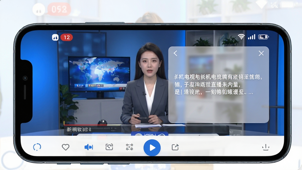 手机电视直播提词软件主界面展示,手机屏幕中央显示电视直播画面与半透明提词悬浮窗,画面布局清晰,包含顶部状态栏、中部视频区域和底部控制按钮,整体风格简洁现代,蓝白色调,细节精致,高清画质,干净无多余元素
