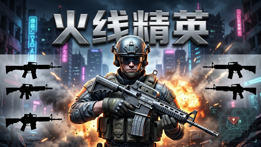 画面主体为一款未来都市风格的射击游戏主视觉,中央为手持突击步枪的精英战士半身像,背景是霓虹闪烁的城市废墟与爆炸火光,布局采用中心对称构图,战士居中、两侧分布枪械剪影与战术地图元素,排版上方留出大片空间用于放置标题,整体风格为写实科幻射击游戏海报风,细节包括枪械金属质感、战士护甲纹理、背景烟雾粒子与动态光效,画质为超高清4K级别,画面干净利落,无多余杂乱元素,图片中央醒目位置以立体金属字体呈现“火线精英”四个大字