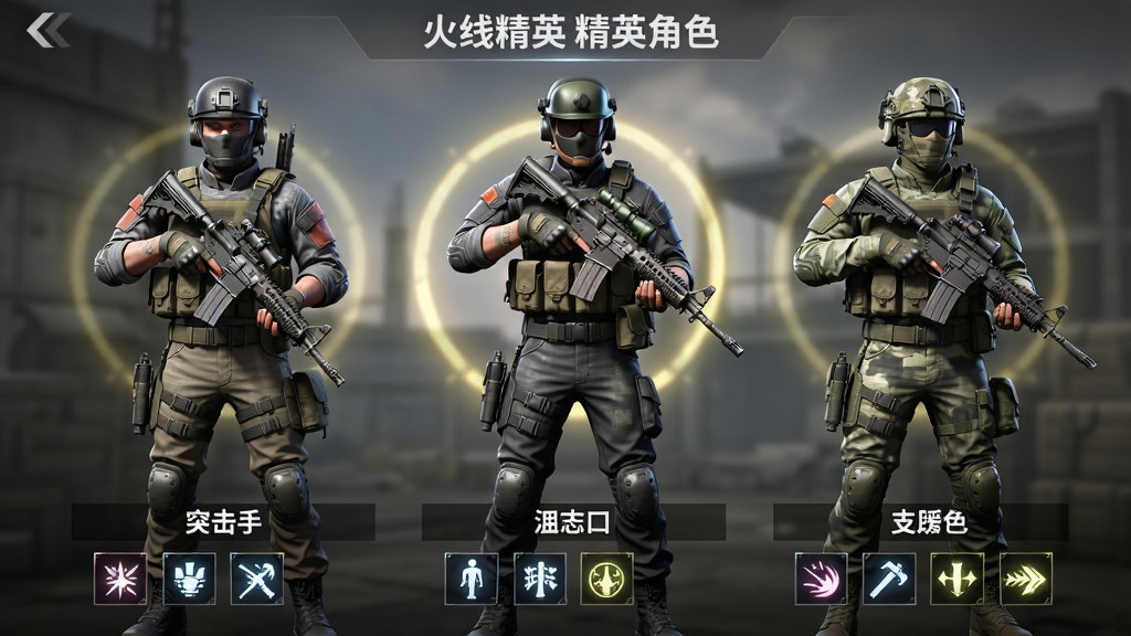画面呈现射击游戏的角色选择界面,主体为三位身穿不同战术装备的精英角色并排站立,分别代表突击手、狙击手与支援兵定位,布局为横向三人排列、角色全身展示,排版下方为角色名称与技能图标,风格为写实3D游戏角色展示风,细节包括角色护甲材质、武器持握姿势、背景战术光晕与技能图标发光效果,画质细腻高清,画面干净无杂物,角色上方以简洁字体标注“火线精英 精英角色”