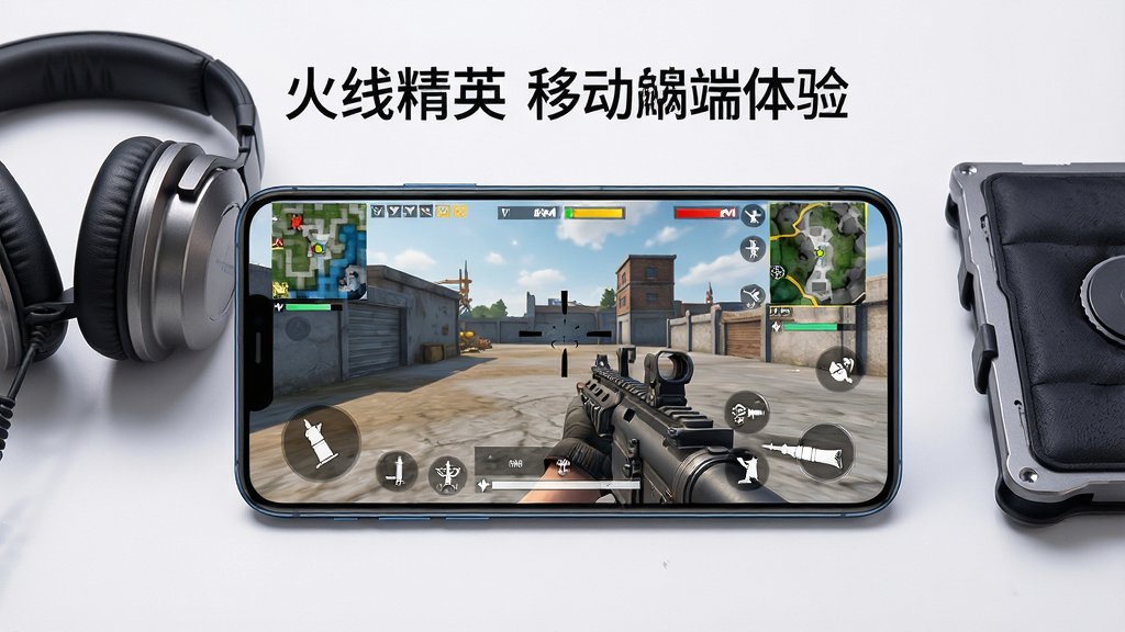 画面展示一部智能手机横屏运行射击游戏的场景,屏幕中为第一人称射击视角的对战画面,手机旁放置一副游戏耳机与散热背夹,布局为手机居中、配件分列两侧,排版简洁明快,风格为数码产品展示风,细节包括手机屏幕中的枪械准星、地图小地图、血条与弹药显示、配件金属质感与柔和阴影,画质高清锐利,画面干净无多余元素,手机屏幕上方以简洁字体标注“火线精英 移动端体验”