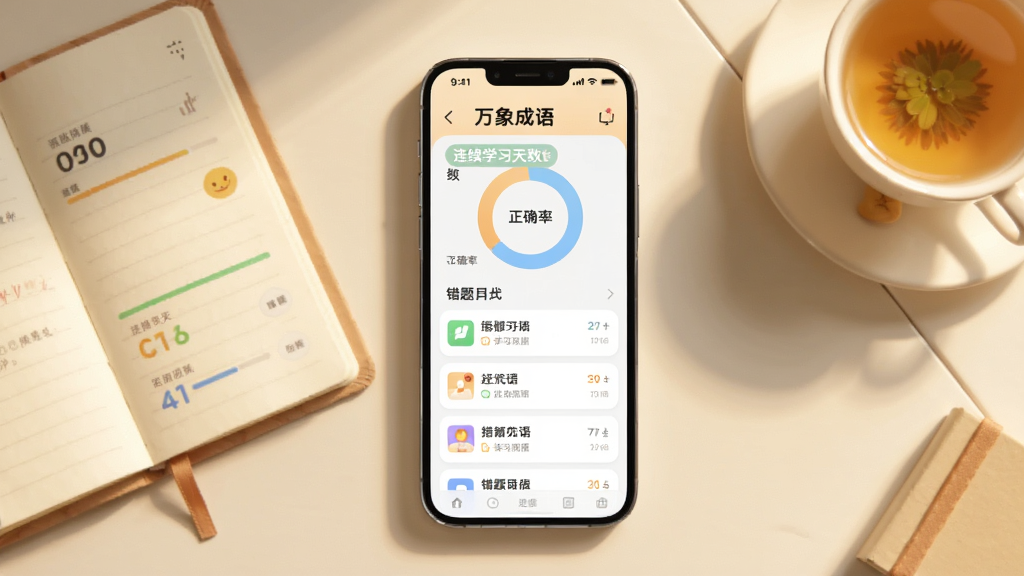 一部手机平放在书桌上,屏幕显示“万象成语”的学习记录页面,页面中有正确率环形图、连续学习天数标签与错题列表,手机旁放着一本打开的笔记本和一杯茶,整体为柔和圆角卡片式界面风格,布局为俯视视角居中构图,细节包含进度条与统计数字,画质细腻干净,暖色调光线