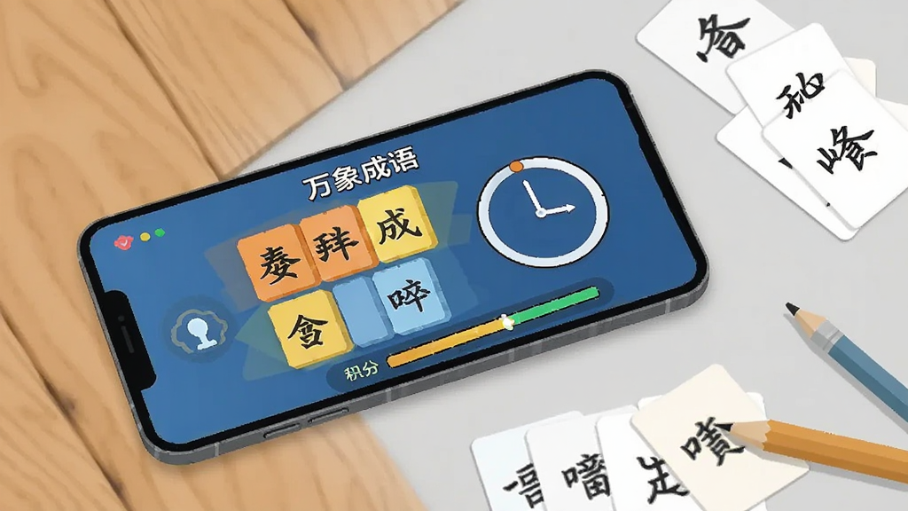 一部手机横向放置在木质桌面上,屏幕内展示“万象成语”的成语接龙闯关界面,界面中有四字成语方块、倒计时圆环与积分进度条,手机旁边散落几张写有成语的卡片和一支铅笔,背景为浅灰色桌面,风格为清爽扁平化插画,构图采用对角线布局,细节突出界面元素与卡片文字,画质清晰干净,无杂乱元素