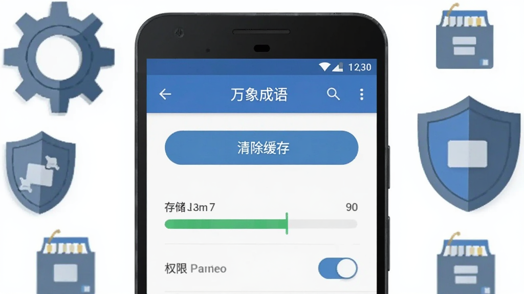 一部安卓手机屏幕特写,显示“万象成语”应用的设置与存储管理页面,页面中有清除缓存按钮、存储占用条与权限开关,手机周围环绕齿轮、盾牌与缓存图标,风格为科技感扁平插画,布局为手机居中、图标环绕式构图,细节突出按钮与进度条,画质干净清晰,蓝灰色调