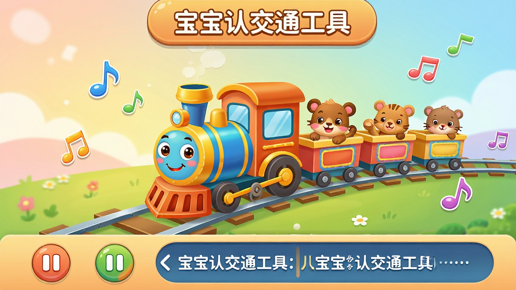 һ����ͯ���貥�Ž����չʾͼ������������һ����ͨС������������ʻ�Ķ�����������ͷ����Ц��������������С����˿ͣ������·��в��ſ��ư�ť�͸�ʹ������򣬽��涥���С������Ͻ�ͨ���ߡ��ı����������岼��Ϊ���½ṹ�����Ϊ��ܰ�ɰ��Ŀ�ͨ�������ϸ�ڰ�����͵Ľ���ɫ������Ʈ��������ͼ�꣬��������������ɾ����޶���Ԫ��