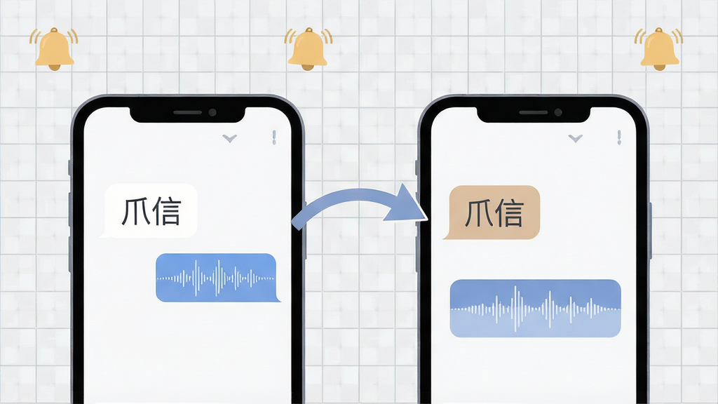 画面主体为两部并排的智能手机,屏幕之间以弧形箭头连接表示消息互传,屏幕上分别显示“爪信”文字消息气泡与语音波形条,背景为浅灰网格纹理,顶部点缀小型铃铛提醒图标,扁平矢量插画风格,布局左右均衡,色调柔和,画质干净清晰,无杂乱元素