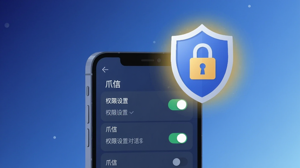 画面主体为一部手机与一枚悬浮的盾牌锁形图标,手机屏幕显示“爪信”权限设置开关列表,盾牌位于手机右上方并散发柔和光晕,背景为深蓝到浅蓝的渐变,扁平安全主题插画风格,构图稳定,细节干净,画质清晰,无多余元素