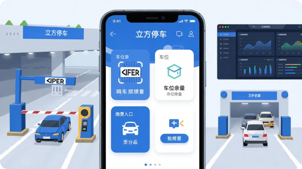 画面中央展示一部智能手机,屏幕内呈现“立方停车”应用主界面,包含车牌识别、车位余量、缴费入口等模块卡片;手机两侧分布停车场道闸、车辆进出场景与数据看板元素;整体采用蓝白配色,扁平化科技风格,布局左右对称,细节清晰,画质干净,无多余元素