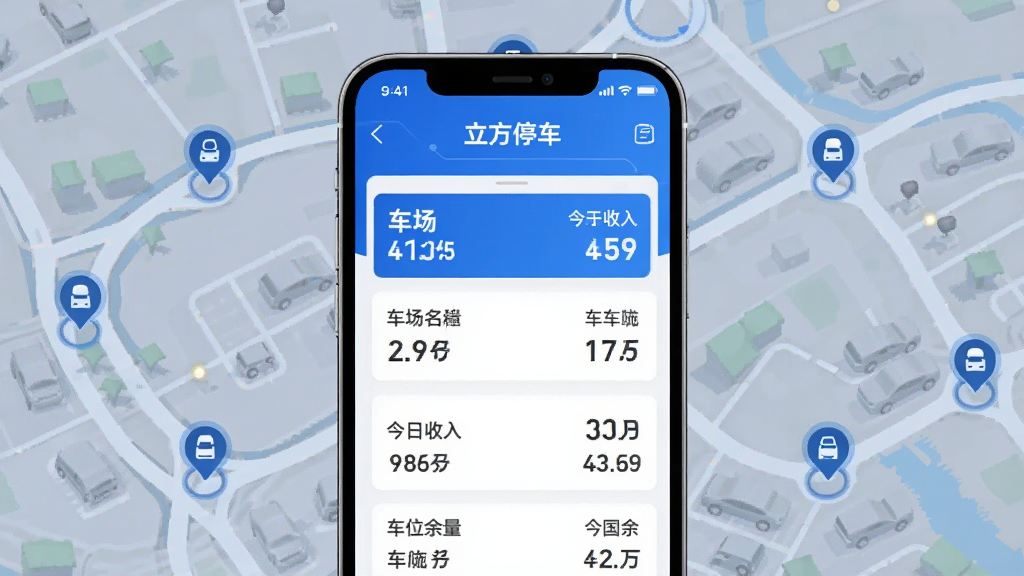 画面展示多个停车场分布在地图上的节点,中心为手机界面呈现“立方停车”多车场管理列表,包含车场名称、车位余量、今日收入等条目,蓝白科技风格,布局清晰,画质干净,无多余元素