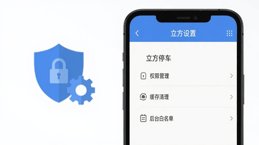 手机界面展示“立方停车”设置页面,包含权限管理、缓存清理、后台白名单等选项,画面一侧配有盾牌与齿轮图标,蓝白配色,扁平化风格,排版整洁,画质干净,无多余元素