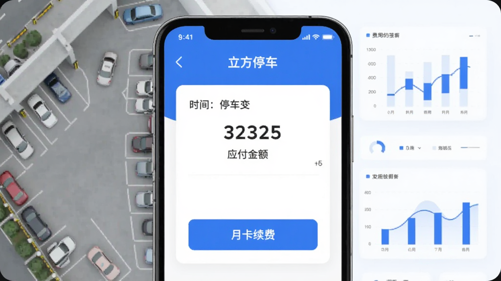 手机屏幕展示“立方停车”费用结算页面,包含停车时长、应付金额、月卡续费按钮等卡片,背景为停车场俯视图与数据图表元素,蓝白配色,界面排版整齐,扁平化风格,画质干净,无多余元素