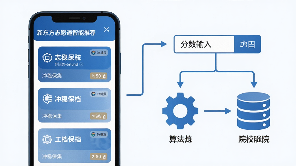 一张以新东方志愿通智能推荐功能为主题的插画,画面左侧为手机屏幕显示冲稳保三档院校卡片,右侧为数据流向图示,包含分数输入框、算法齿轮与院校数据库图标,整体布局左右对称,风格为简洁的商务蓝配色扁平插画,细节上突出梯度划分与概率标签,画质清晰,画面干净,无多余元素