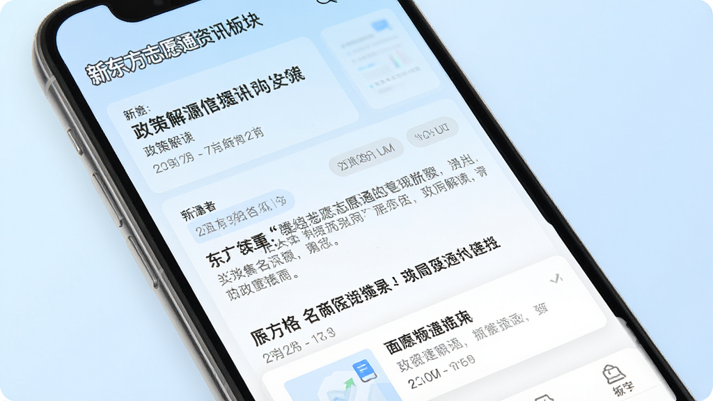 一张展示新东方志愿通资讯板块的手机界面图,画面为手机屏幕显示政策解读文章列表与推送通知卡片,背景为淡蓝色渐变,风格为清新简约的阅读类应用界面,细节上突出标题层级与时间标签,画质清晰,画面干净,无多余元素