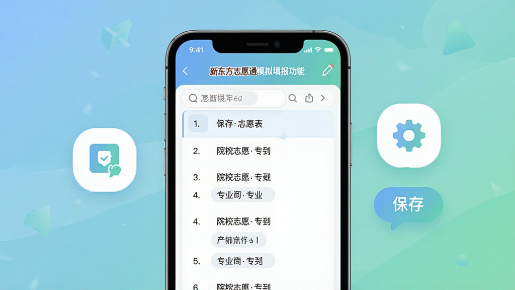 一张以新东方志愿通模拟填报功能为主题的界面示意图,画面中央为手机屏幕显示志愿表草稿列表,包含院校志愿序号与专业名称,屏幕旁边悬浮着保存与对比按钮图标,整体布局居中对称,风格为柔和的蓝绿渐变扁平风,细节上突出方案管理与排序操作,画质清晰,画面干净,无多余元素