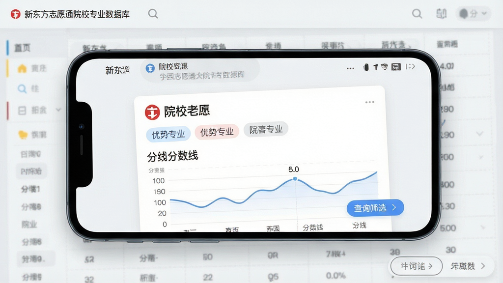 一张展示新东方志愿通院校专业数据库页面的场景图,画面为一部手机横屏展示院校详情卡片,卡片上包含院校名称、优势专业标签与分数线折线图,背景为浅灰色数据网格,风格为清爽的浅色系界面设计,细节上突出信息层级与查询筛选入口,画质清晰,画面干净,无多余元素