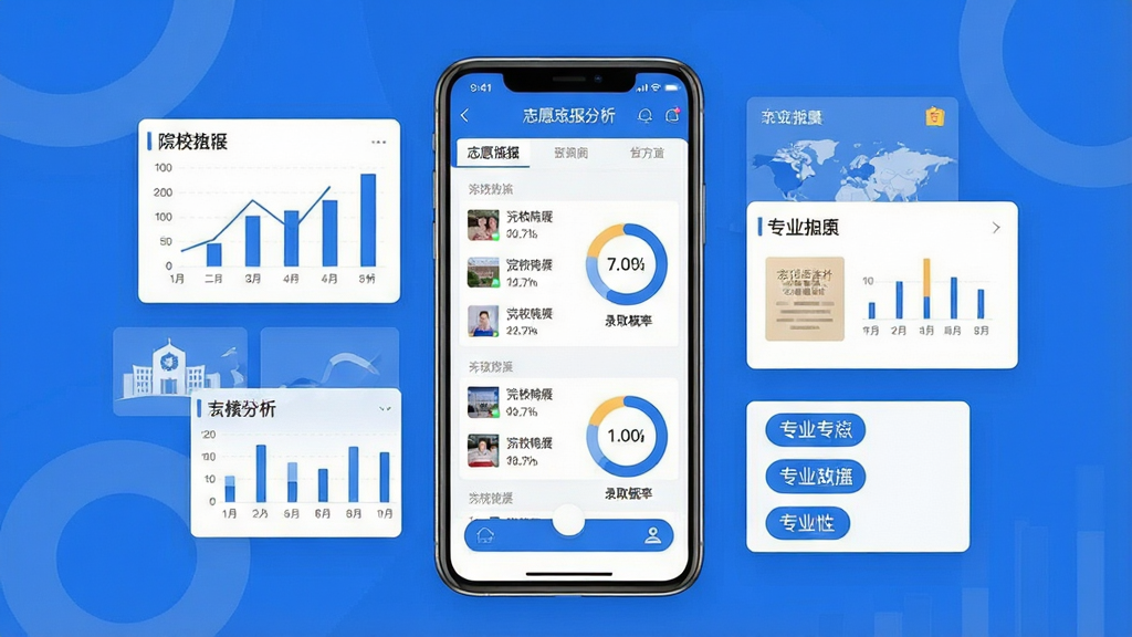 一张展示新东方志愿通手机应用界面的场景图,画面中央是一部竖屏智能手机,屏幕上显示志愿填报分析页面,包含院校列表与录取概率环形图,手机周围环绕着数据图表、院校卡片与专业标签等元素,整体采用蓝白配色,布局干净整洁,风格为现代扁平化科技风,细节上突出数据可视化与移动端操作便捷性,画质清晰,画面干净,无多余装饰元素