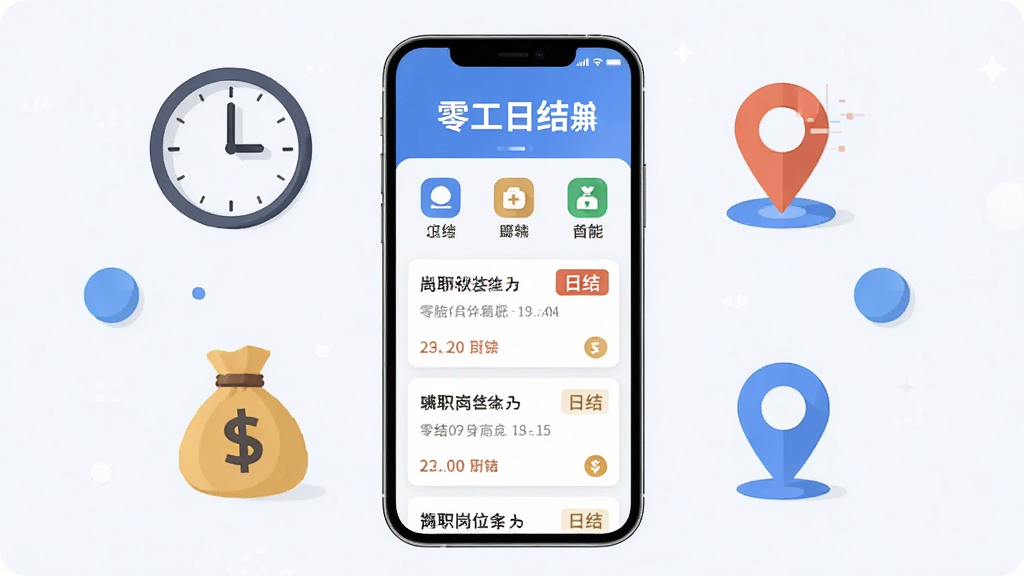 主体为一部智能手机屏幕显示零工日结兼职软件首页界面,布局为手机居中放置,周围环绕时钟、钱袋、定位图标等元素,排版采用上下结构上方软件名称下方功能图标,风格为扁平化现代科技风,细节包含清晰的岗位列表卡片与日结标签,画质高清干净无多余元素