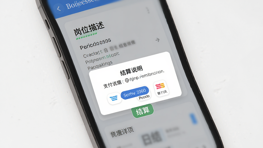 主体为手机屏幕展示岗位详情页与结算说明弹窗,布局为上下分栏上方岗位描述下方结算标签,排版采用卡片式信息层级,风格为简洁商务风,细节包含日结标识与支付方式图标,画质高清干净无多余元素