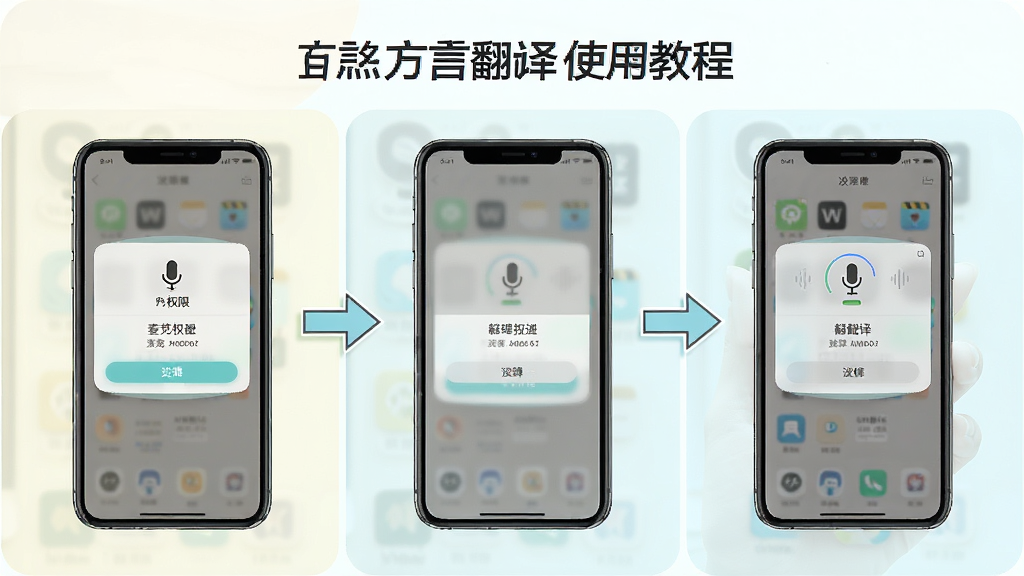 方言翻译器使用教程示意图,手机屏幕展示麦克风权限设置页面与翻译操作步骤,画面分为三个步骤区域,配有箭头指引,风格清新浅色,排版清晰,细节到位,画质高清,干净无多余元素