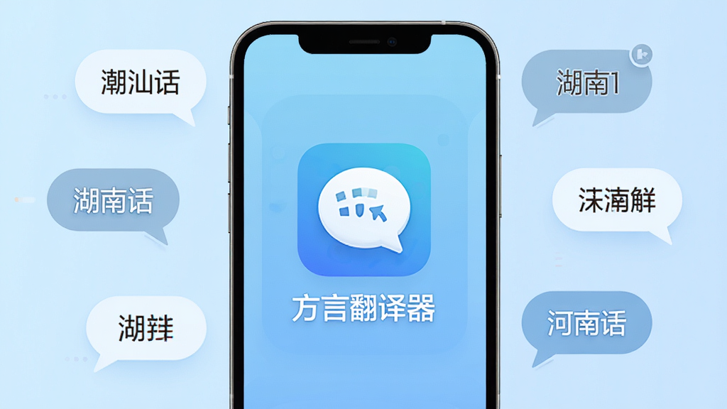 方言翻译器软件主界面展示,手机屏幕中央显示方言翻译器应用图标与名称,界面背景为浅蓝色渐变,周围环绕多个方言气泡如潮汕话、湖南话、河南话等,排版简洁清晰,风格现代扁平化,细节精致,画质高清,干净无多余元素