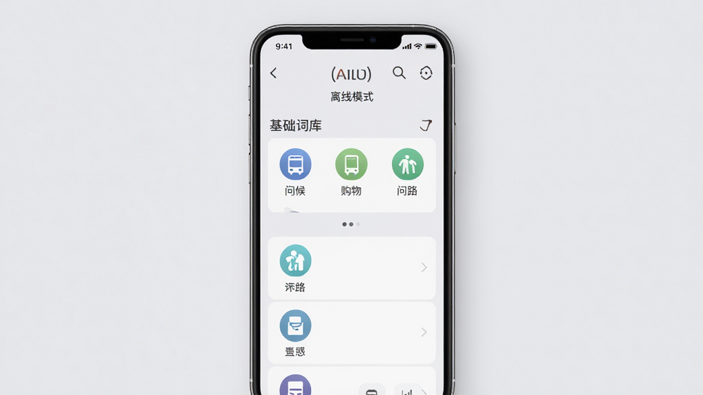 方言翻译器离线翻译功能展示,手机屏幕显示离线模式标识与基础词库分类列表,包括问候、购物、问路等场景图标,背景为淡灰色,排版整齐,风格简约商务,细节精致,画质高清,干净无多余元素