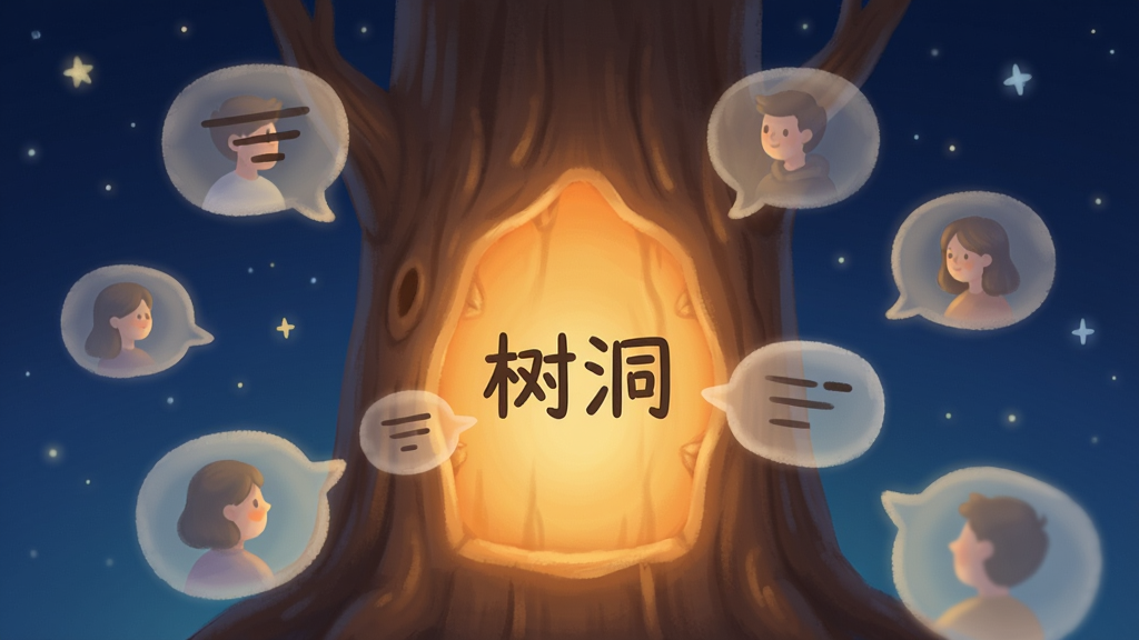 一幅表现匿名倾诉概念的数字插画,画面主体是一个发光的树洞造型入口,树洞内部透出温暖的橙黄色光芒,周围有多个半透明的匿名头像气泡向树洞飘入,每个气泡中包含对话线条符号,背景为深蓝色夜空点缀星星,风格温馨治愈,布局以树洞为中心放射状排列,细节柔和,画质高清,画面干净,中央写有