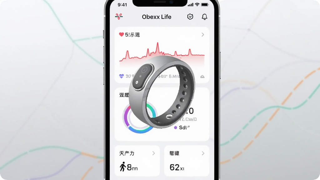 画面主体为一枚银色智能戒指悬浮在手机屏幕前方,手机屏幕显示 Obexx Life 应用的健康数据仪表盘界面,布局为居中构图,背景为浅灰渐变,风格为现代科技简约风,细节包括心率曲线、睡眠环形图、步数卡片等元素,画质清晰干净,无多余装饰元素