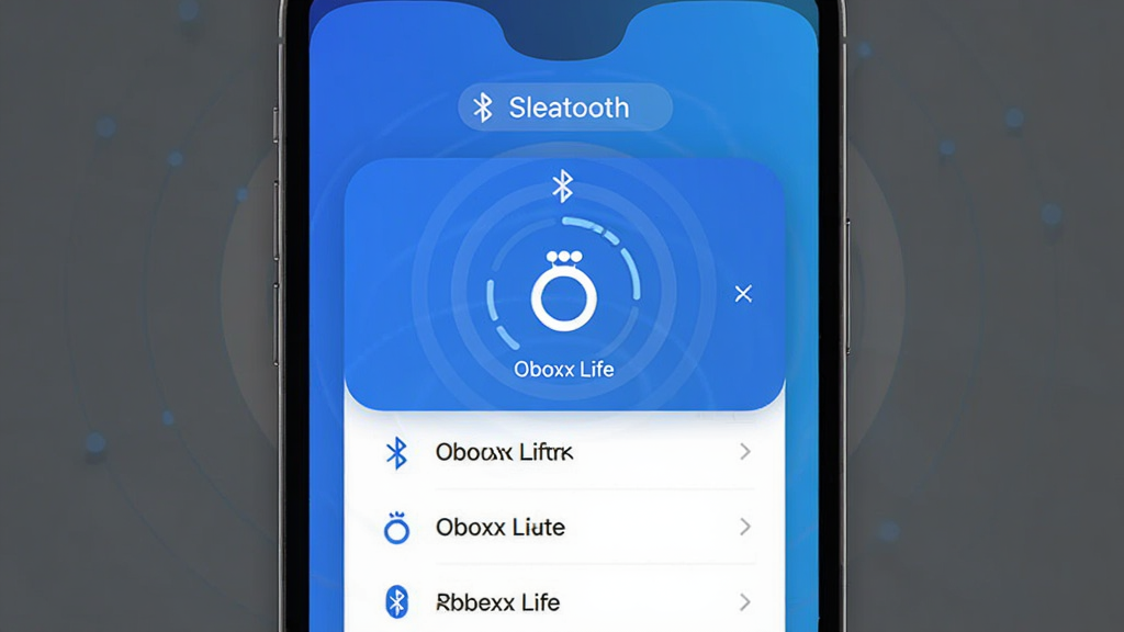 Obexx Life 应用设备配对引导页面,主体为手机屏幕展示蓝牙搜索动画与戒指图标,布局为居中卡片式,风格为科技蓝渐变界面,细节包含搜索波纹与设备名称列表,画质清晰干净,无多余装饰元素