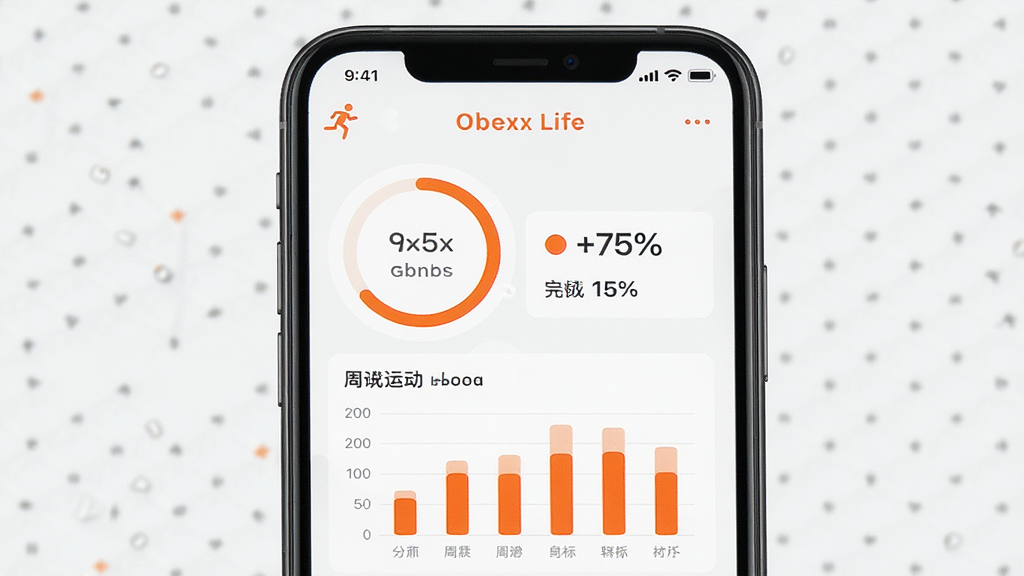 Obexx Life 应用运动数据页面展示,主体为手机屏幕显示步数环形进度与周运动柱状图,布局为居中对称,风格为活力橙色点缀的浅色界面,细节包含跑步小人图标与目标完成百分比,画质清晰明亮,无多余元素