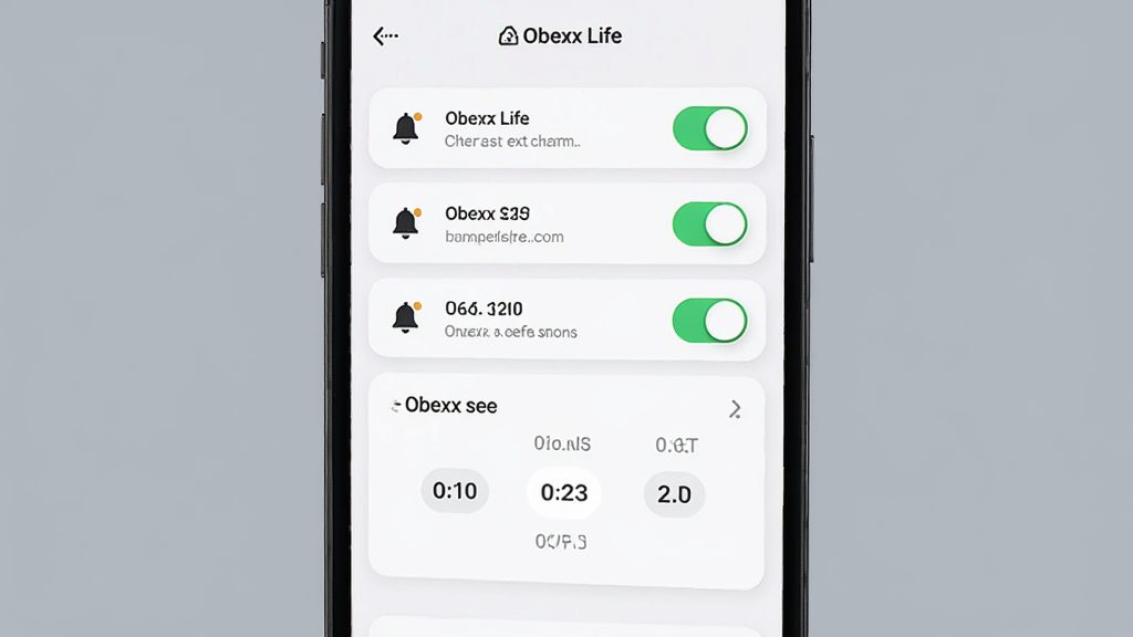 Obexx Life 应用提醒设置界面,主体为手机屏幕展示提醒开关列表与时间选择器,布局为纵向列表式,风格为简洁浅色卡片风,细节包含铃铛图标与开关按钮高亮状态,画质干净清晰,背景为纯色