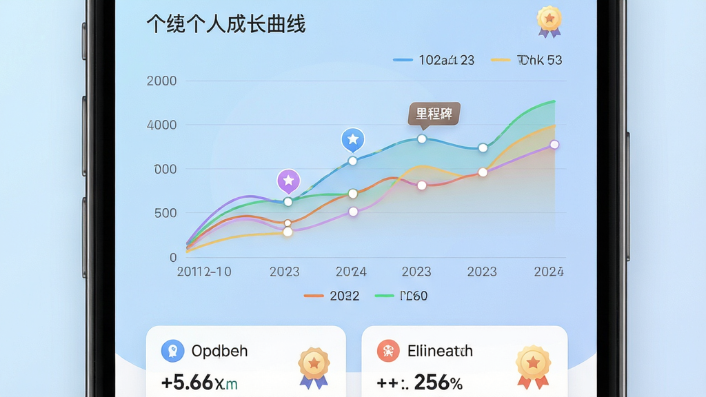 画面主体是一部手机屏幕特写,显示智能演讲教练的个人成长曲线页面,包含多条不同颜色的趋势线与里程碑标记;布局为手机居中,背景为淡蓝色渐变;排版上曲线图占据主要位置,下方为数据摘要卡片;风格为清新数据可视化风格,线条柔和;细节包括坐标轴、图例、日期标签、进步徽章等;画质高清,画面干净,无多余元素。