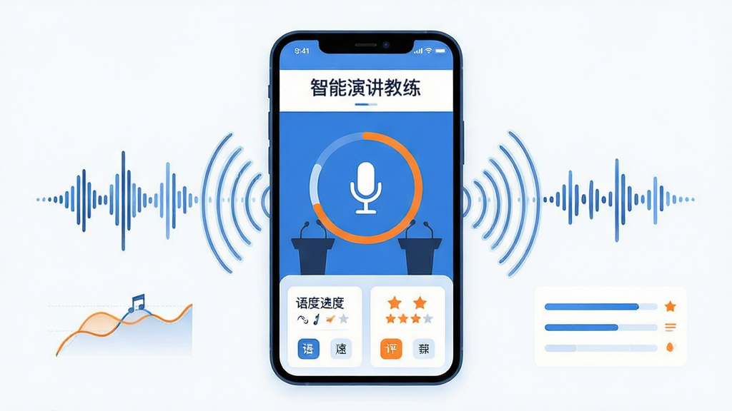 画面主体是一部竖屏智能手机,屏幕上显示智能演讲教练应用的主界面,界面中央有麦克风图标与训练进度环,手机周围环绕声波线条与演讲台剪影;布局为手机居中、左右两侧分布抽象化的语音波形与评分图表;排版采用上下分层,上方留白放置应用名称文字,下方为功能入口卡片;风格为清爽科技感扁平插画,蓝白主色调搭配少量橙色点缀;细节包括界面上的语速曲线、停顿标记、评分星级等小元素,整体干净整洁;画质为高清矢量质感,画面干净,无多余元素。