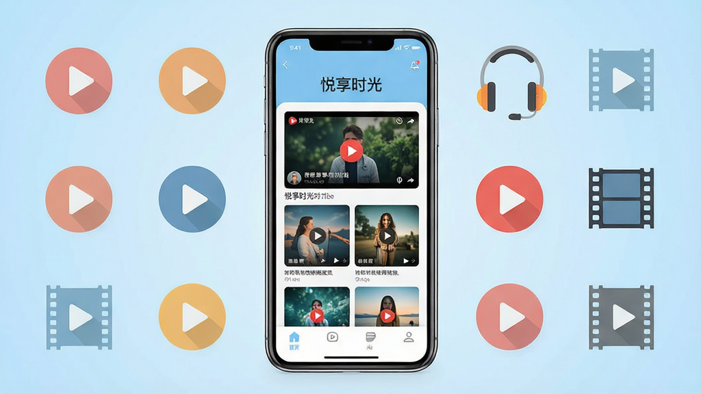画面中央放置一部智能手机,手机屏幕上显示“悦享时光”应用的主界面,界面包含视频封面网格与底部导航栏,手机周围环绕着播放按钮、耳机、电影胶片等扁平化图标元素,背景为浅蓝色渐变,整体采用简洁现代的UI展示风格,布局居中对称,细节清晰,画质干净高清,无多余杂乱元素