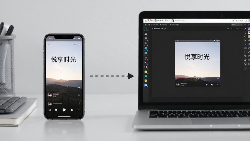 一部手机与一台笔记本电脑并排摆放,手机屏幕显示“悦享时光”播放界面,电脑屏幕显示安卓模拟器运行同一应用的画面,两者之间用虚线箭头连接表示跨端使用,背景为浅灰色工作台面,风格简洁商务,布局左右对称,细节清晰,画质干净,无多余元素