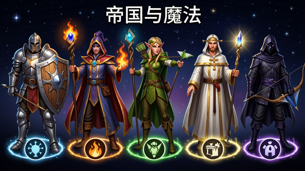 画面中展示五位不同职业的魔幻英雄角色并排站立,从左到右依次为持盾战士、火焰法师、精灵射手、光明牧师、暗影刺客,每位角色脚下有对应的职业图标与光环特效,背景为深色渐变星空,布局为横向排列展示,风格为游戏角色立绘海报,细节包括盔甲金属光泽、法杖宝石发光、弓箭纹理、服饰褶皱,画质精细,干净无多余元素,画面顶部有文字