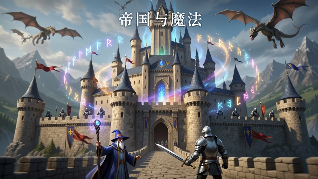 一座宏伟的魔幻中世纪城堡矗立在画面中央,城堡周围环绕着魔法光晕与漂浮的符文,城墙上有士兵巡逻,远处是连绵的山脉与巨龙飞翔的天空,前景有手持法杖的法师与持剑骑士并肩站立,整体布局采用居中对称构图,风格为史诗魔幻CG插画,细节包括城堡砖石纹理、魔法光芒粒子效果、旗帜飘动动态感,画质高清精致,干净无多余元素,画面中悬浮文字