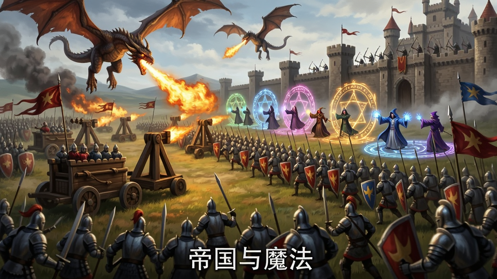 大规模魔幻战争场景,画面中数百名士兵在平原上列阵冲锋,攻城车与投石机正在发射,空中巨龙盘旋喷火,法师团在后方释放魔法阵,远处城堡城墙上有守军射箭,布局采用宽幅全景构图,风格为史诗战争CG概念图,细节包括士兵盔甲反光、火焰与烟雾粒子、魔法阵发光纹路、旗帜飘扬,画质震撼精细,干净无多余元素,画面下方有文字