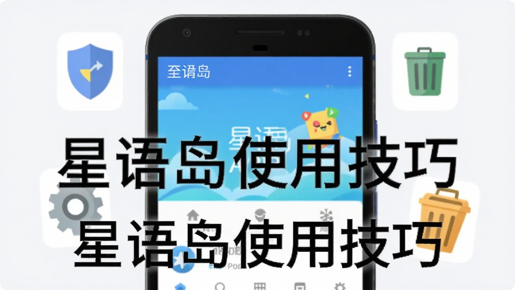 一部安卓手机屏幕显示星语岛APP的首页界面,周围漂浮着盾牌、齿轮和垃圾桶三个小图标,分别代表安全、设置和清理,背景为浅灰白色,扁平化图标风格,构图简洁,画质清晰,无多余装饰,画面中打文字“星语岛使用技巧”