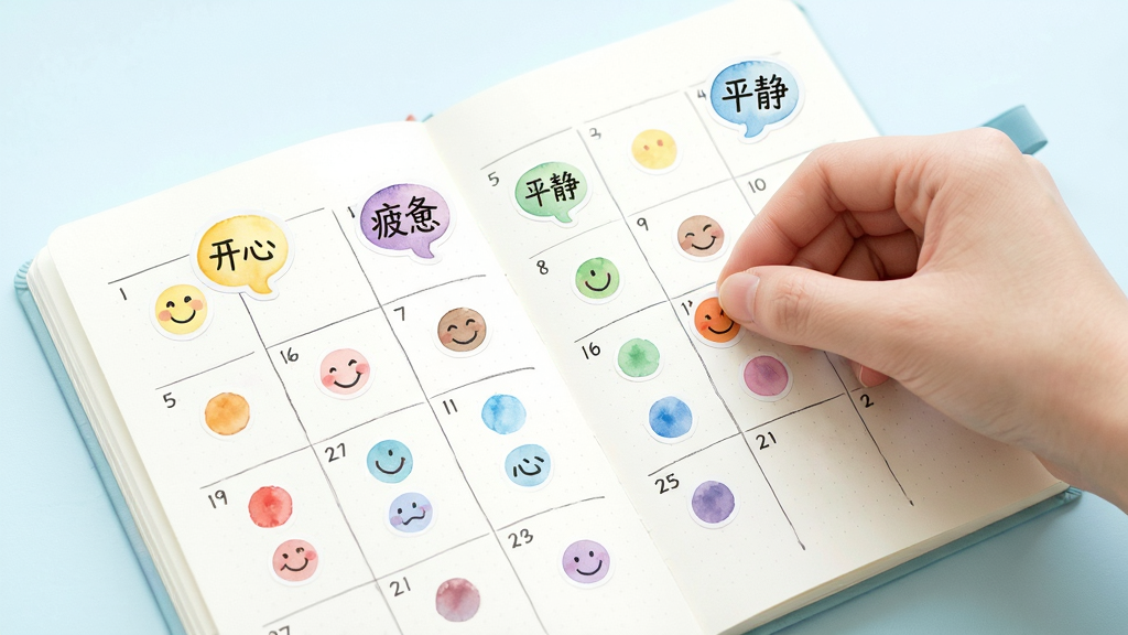 一本摊开的日历手账,每一天格子中填充着不同颜色的心情圆点,旁边漂浮着“开心”“疲惫”“平静”等标签气泡,一只手正在贴上一枚新的圆点贴纸,清新水彩风格,浅色背景,布局疏朗,画质细腻,干净无杂乱元素