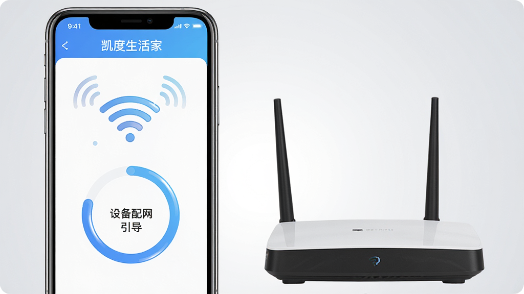 画面主体是一部手机显示凯度生活家APP的设备配网引导页面,页面中有WiFi图标与进度环,手机旁放置一台无线路由器;布局为手机与路由器左右呼应;排版简洁,背景为浅灰渐变;风格为清爽教程示意图风;细节包括WiFi信号波纹、进度环高光、页面文字块;画质清晰,干净,无多余元素