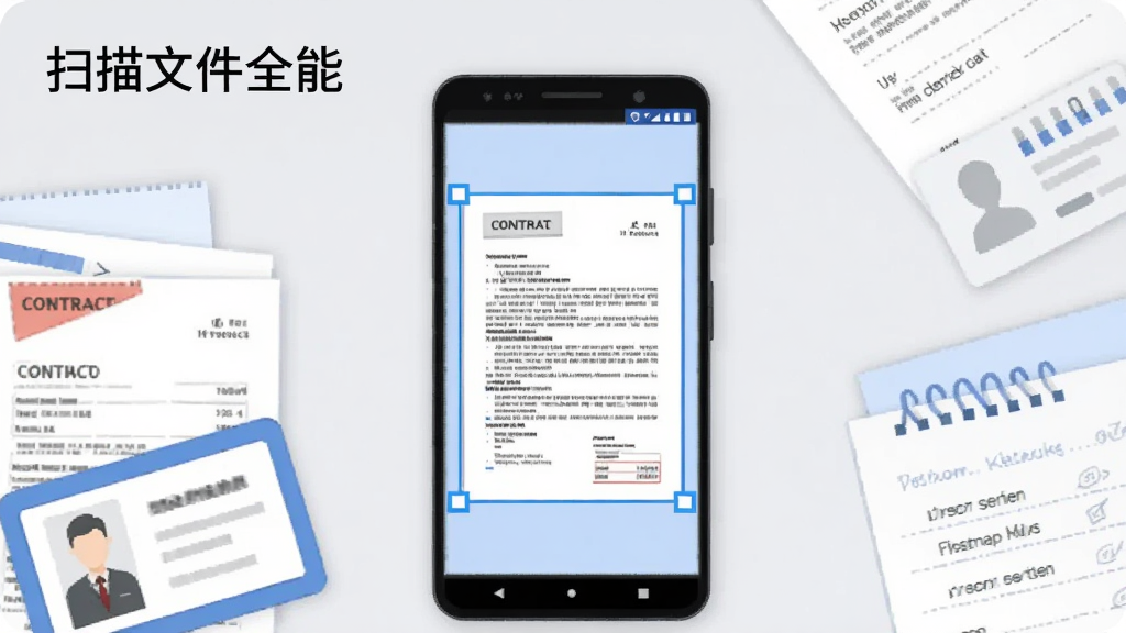 画面中央是一部竖屏安卓手机,手机屏幕中显示一份被自动框选校正的纸质合同扫描预览,手机周围环绕散落着发票、身份证、课堂笔记等纸质文件,背景为干净浅灰色工作台面,整体采用扁平化插画风格,线条简洁明快,色调以蓝白为主,画面左上角有