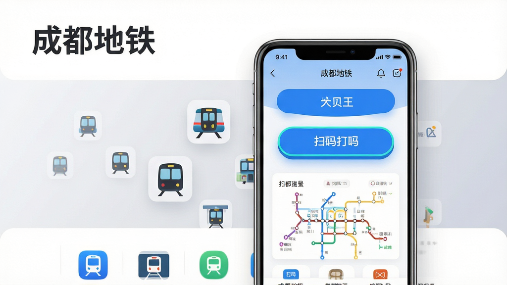 画面主体为一部竖屏智能手机,屏幕中央展示成都地铁应用首页界面,包含蓝色主色调的扫码乘车按钮与线路图卡片;手机置于画面中央偏右,左侧悬浮若干地铁列车与站点图标作为装饰元素;整体采用上下分层布局,上方留白放置应用名称文字“成都地铁”,下方为功能图标区;风格为现代扁平化UI展示风格,细节上突出扫码按钮的高亮描边与线路图的清晰线条;画质干净锐利,背景为浅灰渐变,无多余杂乱元素