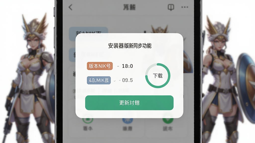 一张展示胜利女神NIKKE国际服安装器版本更新同步功能的图片,主体为手机屏幕显示更新提示弹窗,布局中央为版本号对比信息与更新按钮,背景隐约可见游戏角色剪影,排版聚焦弹窗内容,风格轻量级应用界面,细节包含新旧版本号标签与下载进度环,画质高清,画面干净,无多余元素