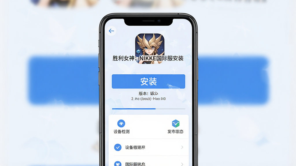 一张展示胜利女神NIKKE国际服安装器软件界面的图片,主体为手机屏幕居中显示安装器主界面,布局上方是软件图标与名称“胜利女神:NIKKE国际服安装器”,中间是醒目的安装按钮与版本信息,下方是功能入口列表,排版简洁清晰,风格为现代科技感扁平化设计,细节包含进度条、设备检测状态图标、浅色背景与蓝色主色调,画质高清,画面干净,无多余元素