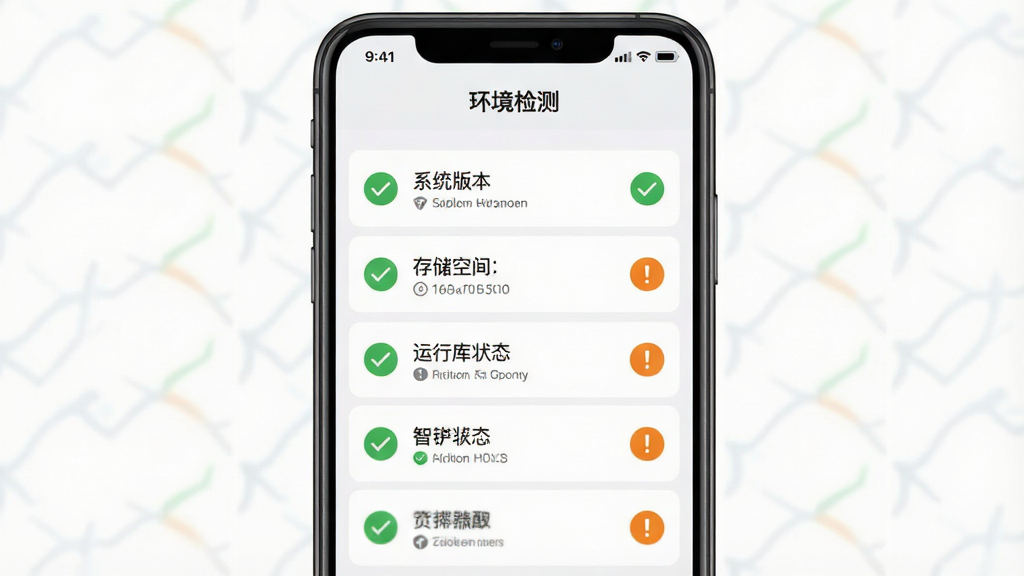 一张展示胜利女神NIKKE国际服安装器智能环境检测功能的图片,主体为手机屏幕显示检测结果面板,布局为顶部标题“环境检测”下方分列系统版本、存储空间、运行库状态等条目,每条配有对勾或感叹号图标,排版纵向列表式,风格清爽工具类界面,细节包含绿色通过标识与橙色提醒标识,画质清晰,画面干净,无多余元素