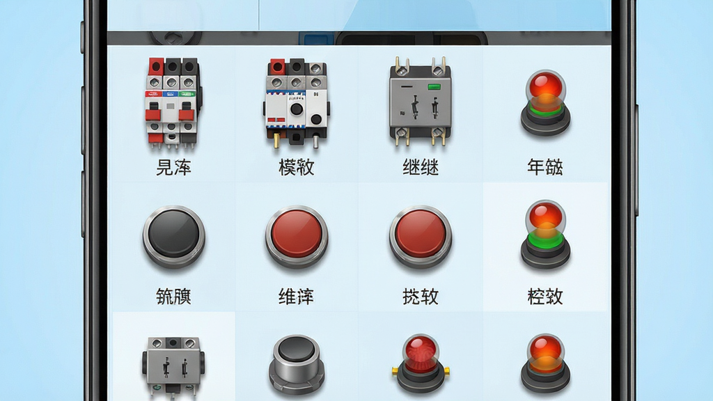 电工仿真模拟软件虚拟元件库界面展示图,画面主体为手机屏幕特写,屏幕上以网格形式陈列着断路器、接触器、继电器、按钮、指示灯等虚拟电气元件图标,每个图标下方带有中文名称标签,布局为四列多行整齐排列,排版清晰有序,风格为扁平化写实图标风,细节上元件图标带有轻微立体阴影和金属质感,画质高清,背景为浅蓝色渐变,干净整洁无多余装饰元素