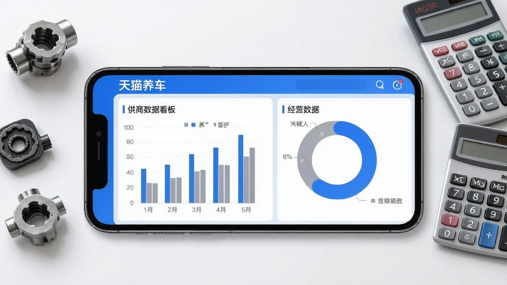 天猫养车供应商数据看板界面展示,手机屏幕内呈现柱状图与环形图组合的经营数据面板,屏幕旁有汽车配件与计算器元素点缀,整体布局左右均衡,风格商务简洁,色彩以蓝白灰为主,细节清晰,画质干净,无多余元素