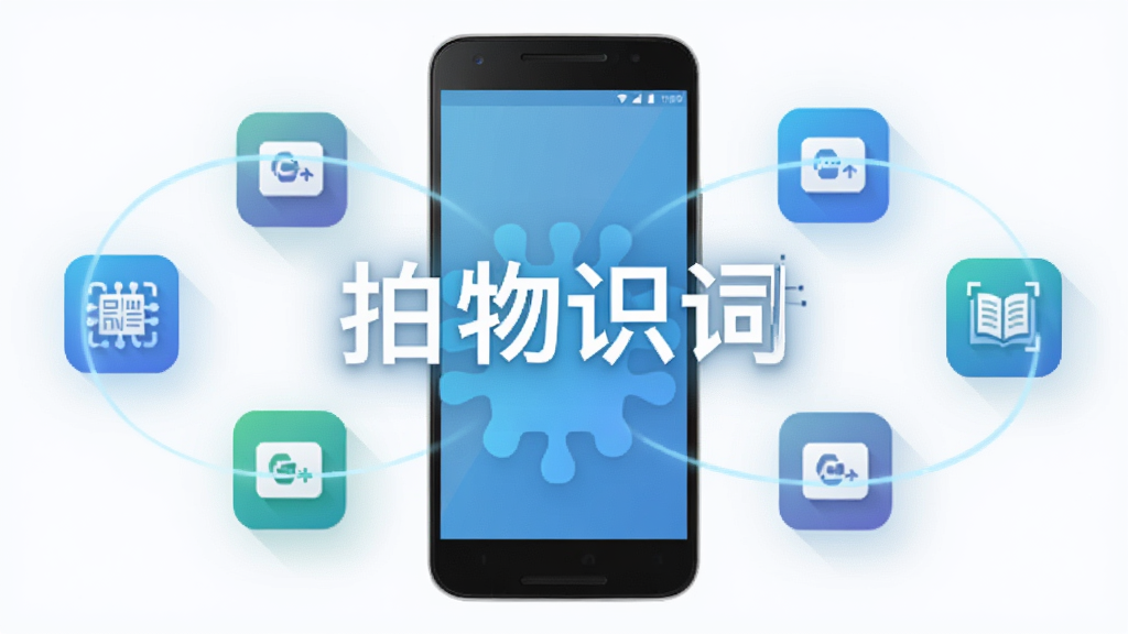 一张表现拍物识词轻量运行概念的示意图,画面主体是一部普通安卓手机与轻薄的软件图标悬浮组合,布局为手机居中、图标环绕,风格扁平化科技感,细节包含淡蓝色光效与简洁背景,画质清晰干净,画面中可出现“拍物识词”文字
