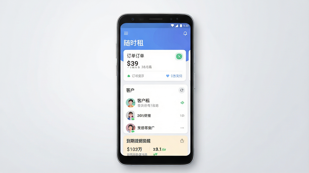 一张手机屏幕展示租赁管理软件界面的场景图,主体为居中放置的安卓手机,屏幕上显示