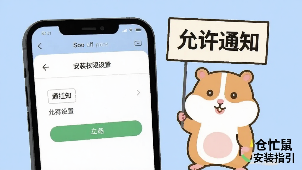 画面为一部手机屏幕展示安装权限设置界面,旁边有一只卡通仓鼠举着写有“允许通知”的提示牌,背景为浅蓝色,风格为简洁扁平插画,细节清晰,画质干净,画面一角标注“仓忙鼠 安装指引”字样,无多余元素