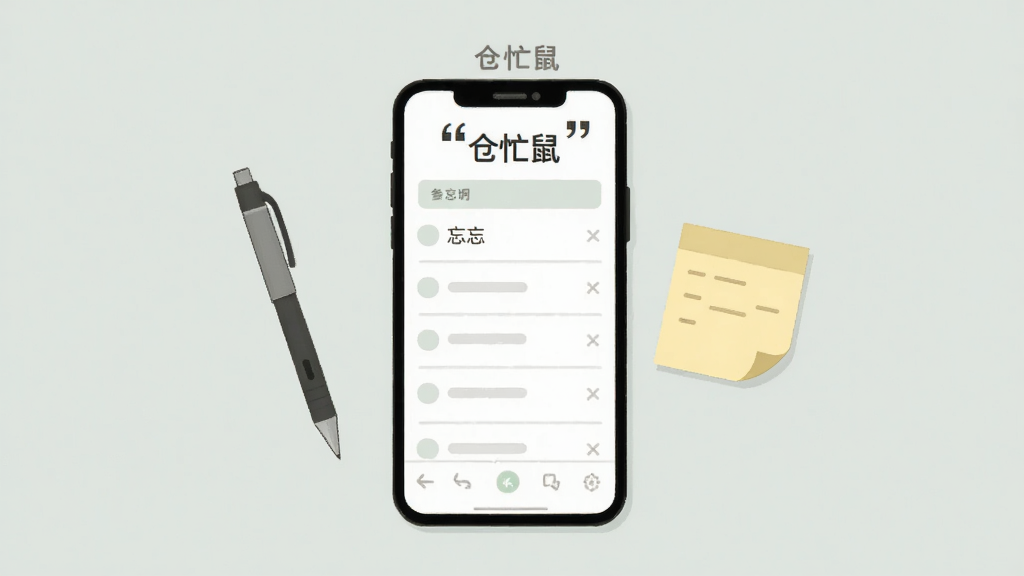 画面中央是一部竖屏手机,屏幕内展示简洁的备忘录列表界面,旁边漂浮着一支笔和一张便签纸,背景为浅灰绿色,风格为清爽扁平插画,细节干净利落,手机屏幕上方用引号标注“仓忙鼠”字样,画质清晰,无多余装饰元素